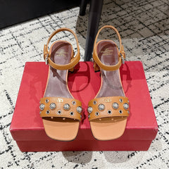 VLTN STUDDED BLOCK HEEL SANDALS 25S 60 MM IN BROWN LAMBSKIN