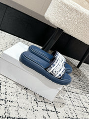DIOR SLIDES 25S IN DUSTY NAVY BLUE LAMBSKIN AND FABIRC WITH BRAND LOGO STYLE 2