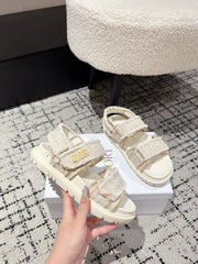 DIOR BACK-STRAP SANDALS 25S IN CREAM WHITE TWEED AND CALFSKIN WITH GOLD HARDWARE