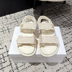 DIOR BACK-STRAP SANDALS 25S IN CREAM WHITE TWEED AND CALFSKIN WITH GOLD HARDWARE