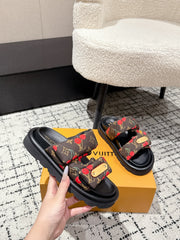 LV TWO-STRAP SLIDES 25S IN BROWN FABRIC AND BLACK CALFSKIN