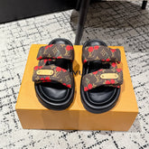 LV MIAMI-STYLE SANDALS 25S IN BROWN FABRIC AND BLACK CALFSKIN