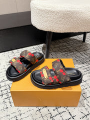 LV TWO-STRAP SLIDES 25S IN BROWN FABRIC AND BLACK CALFSKIN