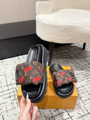 LV MIAMI-STYLE SANDALS 25S IN BROWN FABRIC AND BLACK CALFSKIN