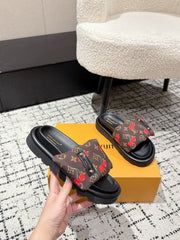 LV MIAMI-STYLE SANDALS 25S IN BROWN FABRIC AND BLACK CALFSKIN