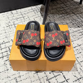 LV MIAMI-STYLE SANDALS 25S IN BROWN FABRIC AND BLACK CALFSKIN