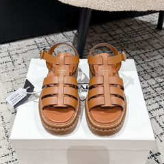 PRADA 25S FISHERMAN OPEN TOE SANDALS IN BURNT ORANGE CALFSKIN