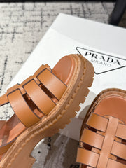 PRADA 25S FISHERMAN OPEN TOE SANDALS IN BURNT ORANGE CALFSKIN