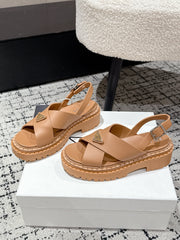 PRADA 25S CRISSCROSS SANDALS IN BURNT ORANGE CALFSKIN LOGO