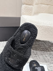 CELINE 25S SLIDES TRIOMPHE IN BLACK SPONGE FABRIC