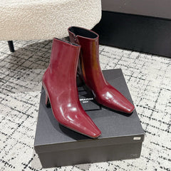 YSL 25S HEELED ANKLE BOOTS 70 MM IN WINE RED SHINY LAMBSKIN