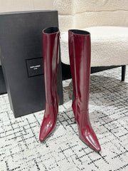 YSL 25S PLATFORM KNEE-HIGH BOOTS 70 MM IN WINE RED LAMBSKIN