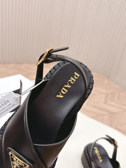 PRADA 25S SANDALS IN BLACK CALFSKIN LOGO GOLD HARDWARE