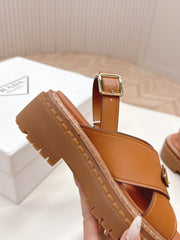 PRADA 25S SANDALS IN LIGHT TAN CALFSKIN LOGO GOLD HARDWARE