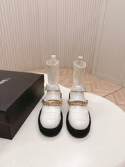 CHANEL ANKLE BOOTS 25S IN CREAM WHITE LAMBSKIN AND FABRIC WITH GOLD HARDWARE