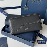 DIOR 25S SADDLE LONG ZIPPED WALLET 19 IN BLACK GRAINED CALFSKIN MARQUETRY
