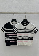 CHANEL SHORT-SLEEVE KNIT TOP STRIPED