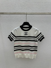 CHANEL SHORT-SLEEVE KNIT TOP STRIPED