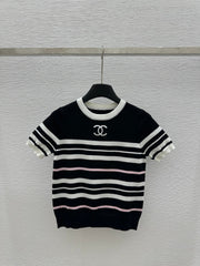 CHANEL SHORT-SLEEVE KNIT TOP STRIPED