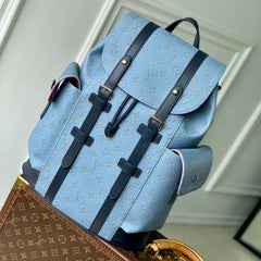 CHRISTOPHER MM BACKPACK 44 IN SKY BLUE MONOGRAM HERITAGE CANVAS BLACK CALFSKIN