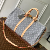 KEEPALL BANDOULIÈRE 45 IN GREY MONOGRAM DENIM LIGHT BROWN CALFSKIN