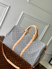 KEEPALL BANDOULIÈRE 45 IN GREY MONOGRAM DENIM LIGHT BROWN CALFSKIN