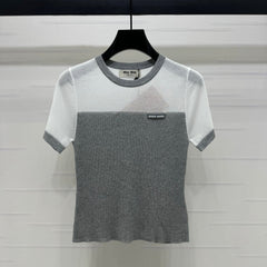 MIUMIU CREW NECK SHORT-SLEEVE SHEER KNIT TOP 274812
