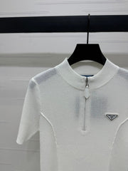 PRADA MOCK NECK SHORT-SLEEVE KNIT TOP WHITE 274815