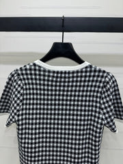 MIUMIU CREW NECK SHORT-SLEEVE PLAID KNIT TOP 274833
