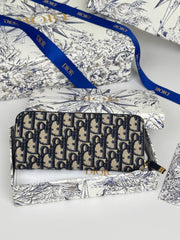 DIOR 25S LONG ZIPPER WALLET 19 IN BLUE OBLIQUE JACQUARD CANVAS