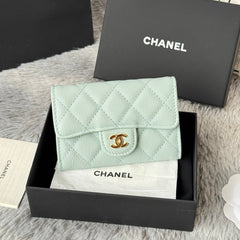 CHANEL 25S CLASSIC FLAP CARD HOLDER 11 IN SOFT MINT CAVIAR GOLD HARDWARE