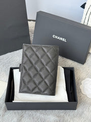 CHANEL 25S MULTI PURPOSE PASSPORT WALLET 15 IN BLACK CALFSKIN SILVER HARDWARE