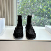 YSL 25S ANKLE FLAT BOOTS IN BLACK SUEDE WITH SIDE ZIPPER