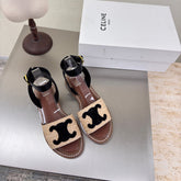 CELINE 25S TRIOMPHE SANDALS BEIGE RAFFIA BLACK WOOL