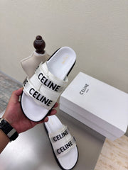 CELINE 25S FLAT SANDALS ARC DE TRIOMPHE IN WHITE CALFSKIN AND CANVAS
