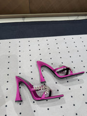 HIGH RHINESTONE CROSS STRAP MULES IN MAGENTA PINK SILK