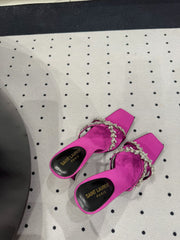 HIGH RHINESTONE CROSS STRAP MULES IN MAGENTA PINK SILK