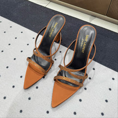 HIGH CRYSTAL STRAP SANDALS IN SANDSTONE SILK