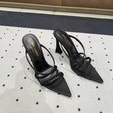 HIGH CRYSTAL STRAP SANDALS IN BLACK SILK