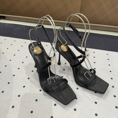 HIGH HEEL SANDALS IN BLACK SILK WTH STRAPS ATTACHED GEM