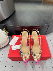 VLTN HIGH SLINGBACK 25S 80 MM IN WHITE MIX PINK FABRIC AND CALFSKIN