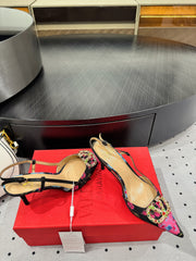 VLTN HIGH SLINGBACK 25S 80 MM IN BLACK MIX PINK FABRIC AND CALFSKIN