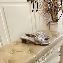 DWAY HEELED SLIDE IN SILVER CALFSKIN WITH GOLD LOGO