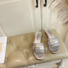 DWAY HEELED SLIDE IN SILVER CALFSKIN WITH GOLD LOGO