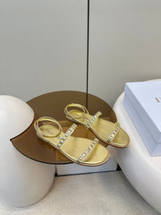 FLAT SANDALS 25S IN SHINY GOLD CALFSKIN RHINESTONES STRAP