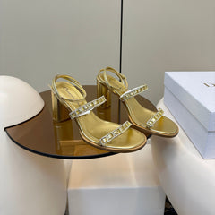 HIGH HEEL 25S SANDALS 85MM IN SHINY GOLD CALFSKIN RHINESTONES STRAP