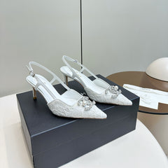 CC SLINGBACK 25S IN WHITE LACE FABRIC WITH SILVER HARDWARE