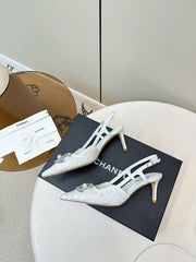 CC SLINGBACK 25S IN WHITE LACE FABRIC WITH SILVER HARDWARE