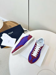 CELINE 25S RACER LOW TOP SNEAKER IN ROYAL PURPLE AND RED NYLON AND SUEDE