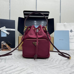 PRADA 25S DUET BUCKET BAG 23 IN BURGUNDY RE-NYLON GOLD HARDWRE